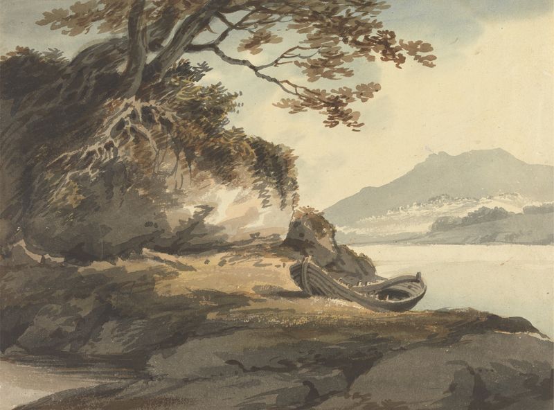 Pintura a óleo de Joseph Barber mostrando um barco à beira de um lago com reflexos da natureza.
