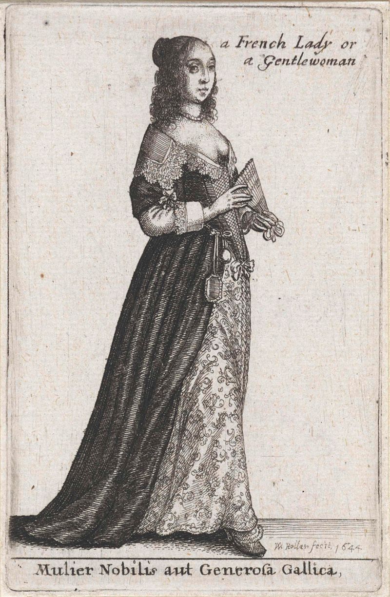 Portrait of a French lady in elegant dress, etching by Wenceslaus Hollar
