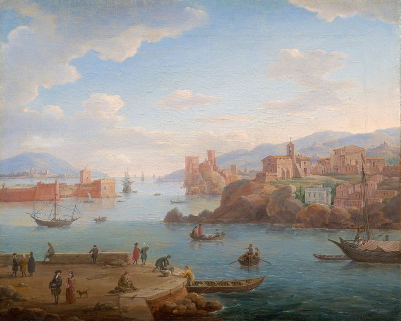 View of a Mediterranean harbour by Hendrik Frans Van Lint, oil painting