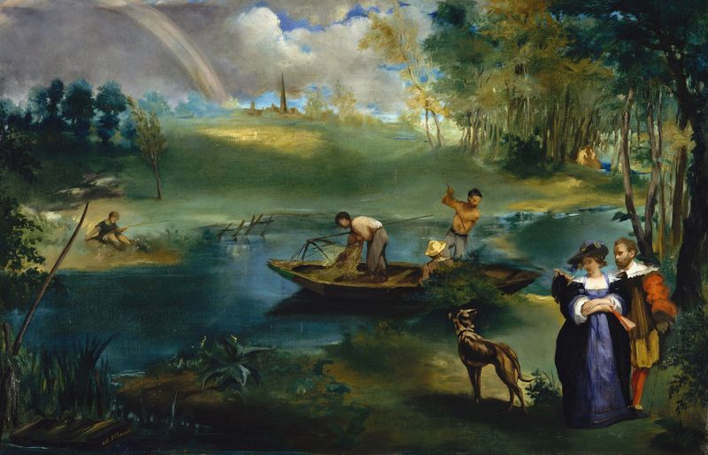 Fishing de Édouard Manet, óleo que muestra figuras junto al agua
