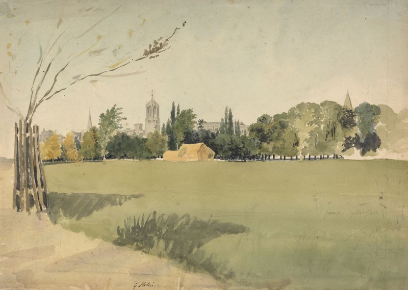 Pintura a óleo de paisagem de George Hollis com Christ Church e campos.