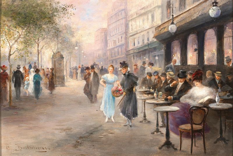 Escena de género que representa un café con figuras, pintura al óleo de Emil Barbarini
