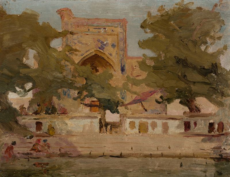 Old Bukhara – mezquita en el lago de Jan Ciągliński, pintura al óleo que representa un paisaje sereno.