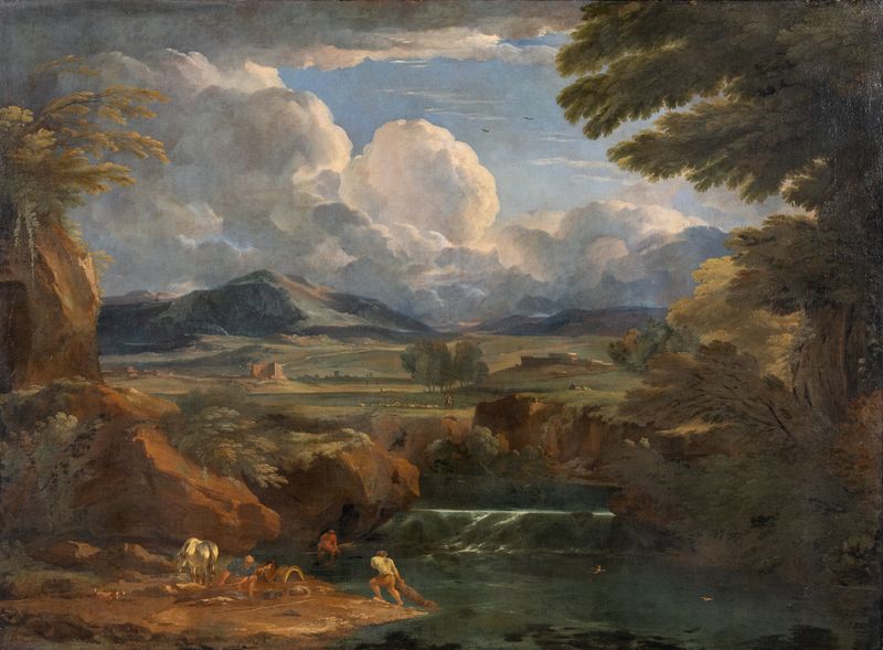 Italian Landscape with River by Pieter Mulier the Elder, oil painting depicting a river and lush greenery.