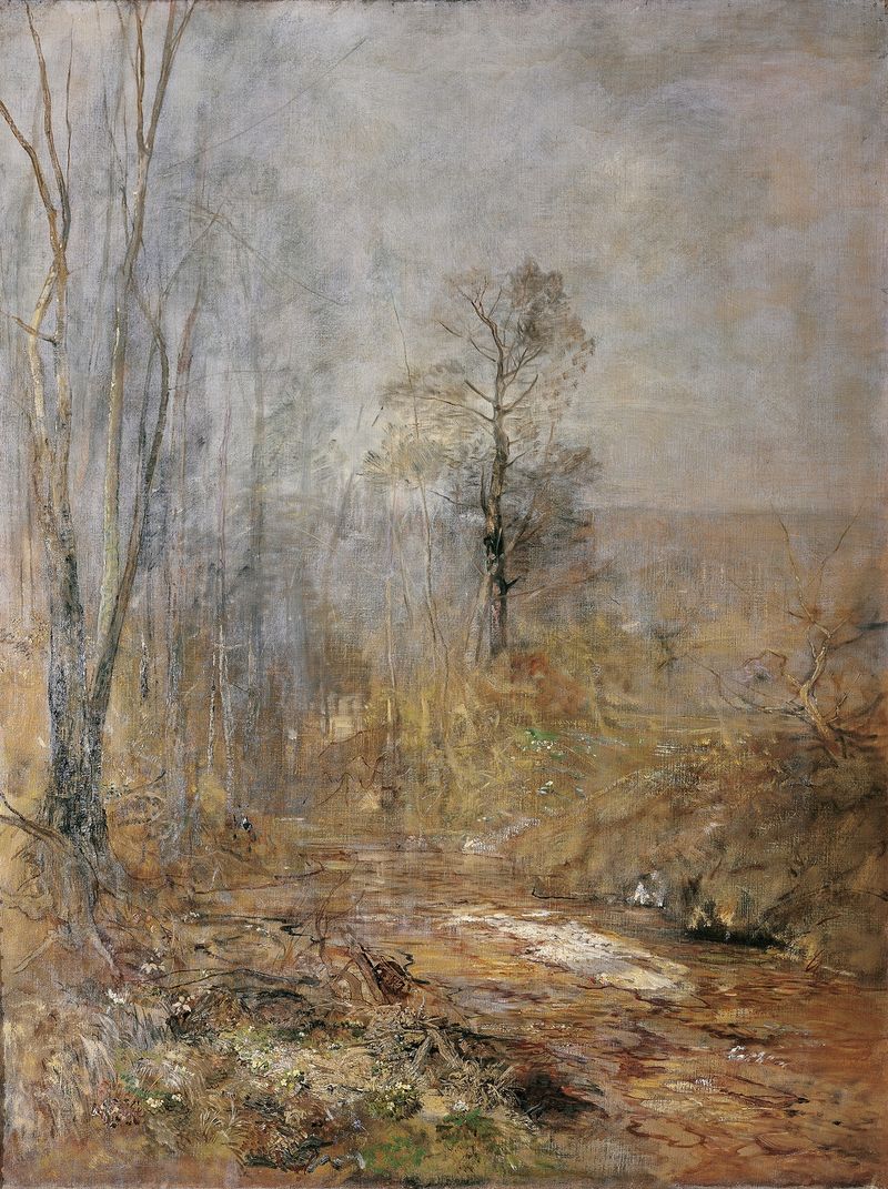Märzstimmung – Vorfrühling im Wienerwald by Emil Jakob Schindler, oil painting of a serene forest landscape.