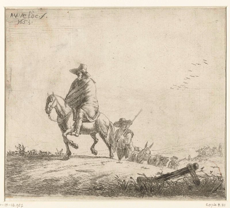 Grabado de Unknown Artist que muestra un jinete y pastores con ganado