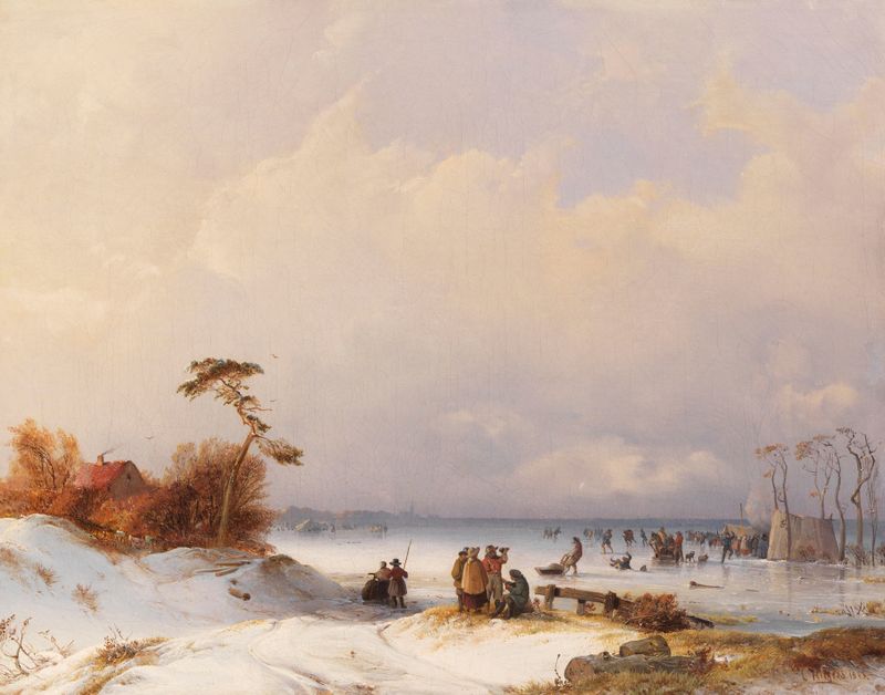Eisvergnügen by Carl Hilgers, oil on canvas depicting figures on a frozen lake in sunlight.