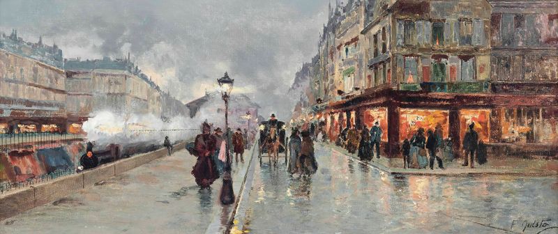 Cena impressionista na Gare Saint Lazare por Fausto Giusto, retratando o crepúsculo e a vida urbana.