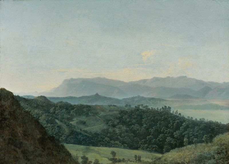 Extensive Mountainous Landscape by Jean-Joseph-Xavier Bidauld, oil on canvas depicting mountains and sunlight.