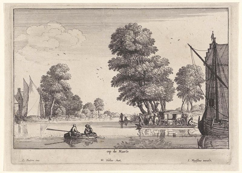 Gravura de Wenceslaus Hollar representando um rio com uma balsa ao crepúsculo