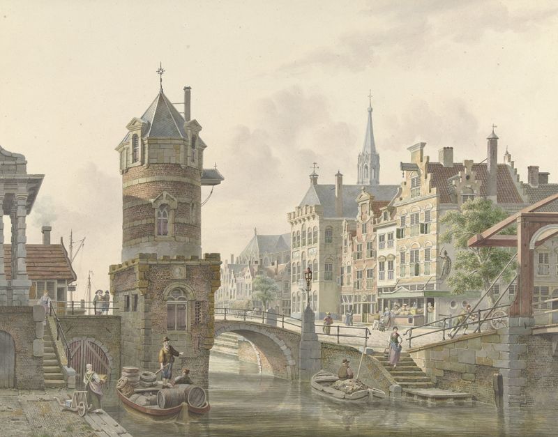 Gracht in een stad met een torentje bij een stenen brug, oil on canvas by Jan Hendrik Verheijen