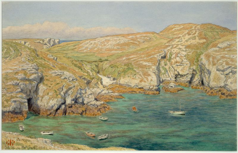 Aquarela de Henri Rivière mostrando ondas batendo contra uma costa rochosa.