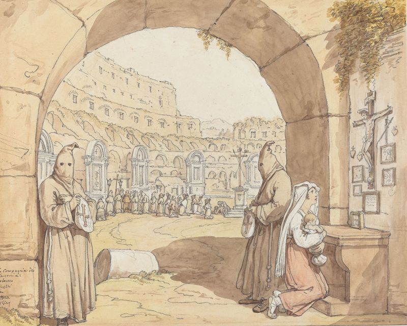 Cena religiosa com penitentes orando em altares no Coliseu, de Bartolomeo Pinelli