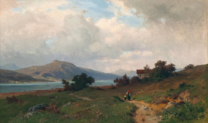 A Vast Landscape with Cloudy Sky, oil on canvas by Josef Willroider, featuring rolling hills and a cloudy sky.