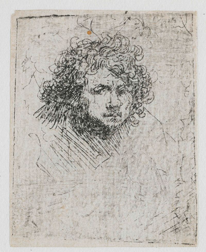 Autorretrato, Inclinando-se para a frente de Rembrandt van Rijn, gravura mostrando o artista com diferentes chapéus.