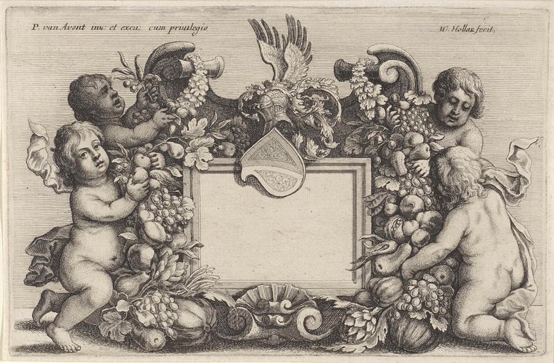 Omlijsting met putti en vruchten, grabado de Wenceslaus Hollar con querubines y frutas en un borde ornamentado.