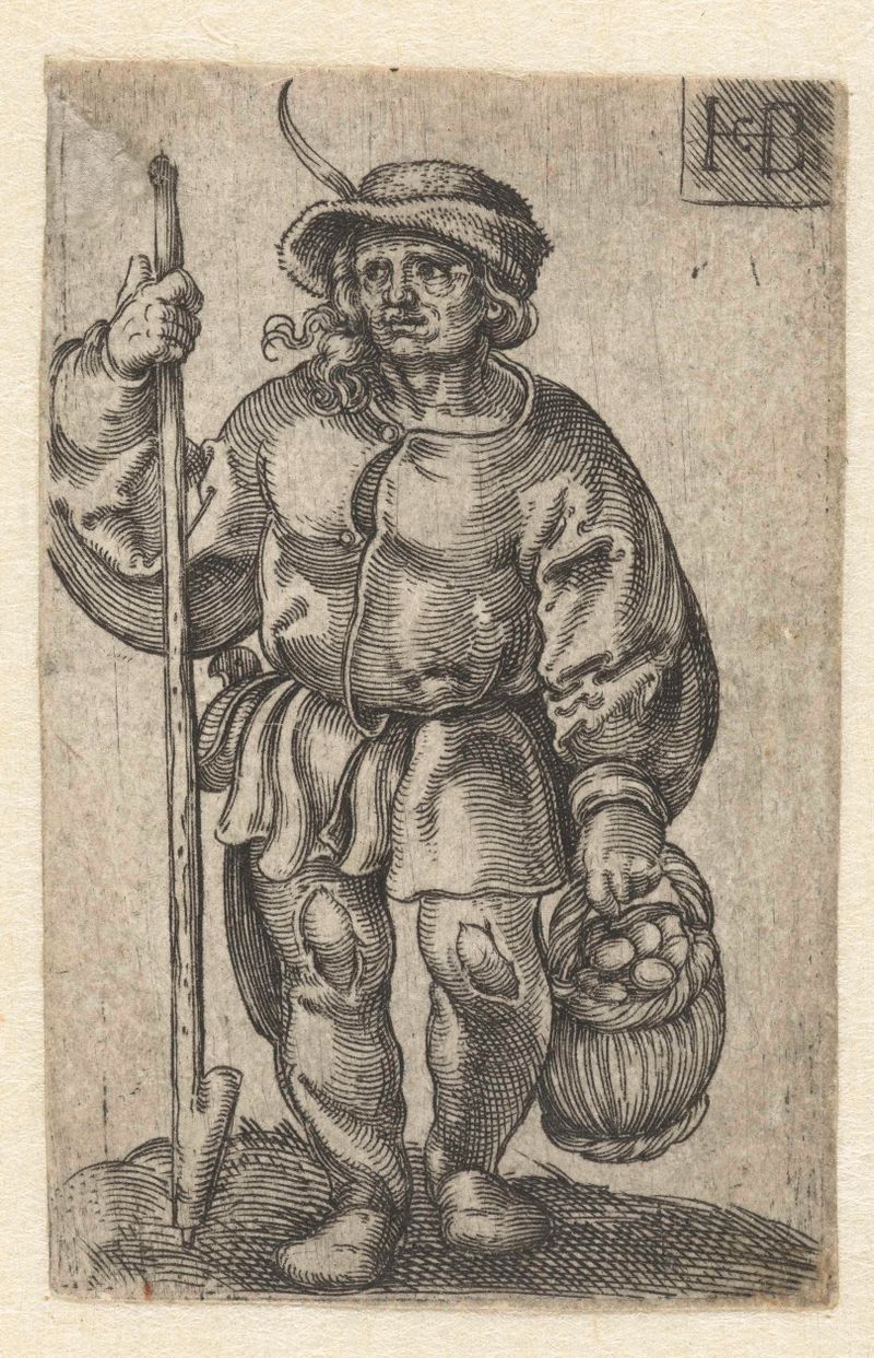 Gravura de Jacob Binck mostrando um agricultor com uma cesta de ovos.