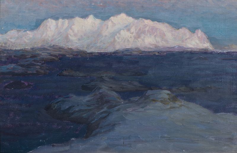 Noite sobre a Loja Molla, óleo sobre tela de Anna Boberg, representando uma paisagem noturna com montanhas e luz.