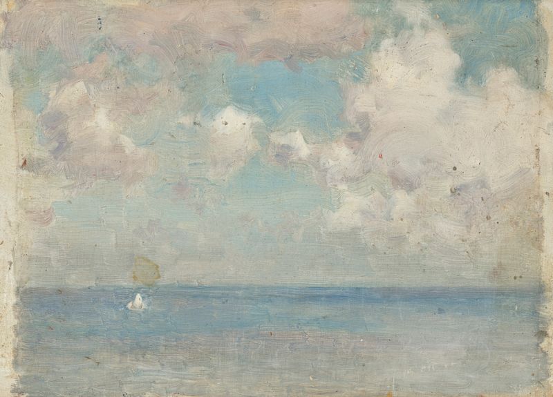 A cloudy seascape by Henry Scott Tuke, oil on canvas depicting a gray sky and restless sea.