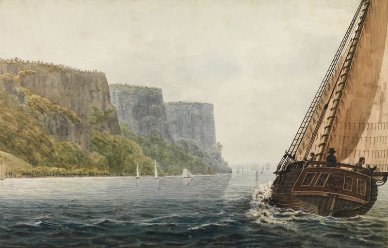 Engraving by Pavel Petrovich Svinin depicting cliffs and river in a landscape