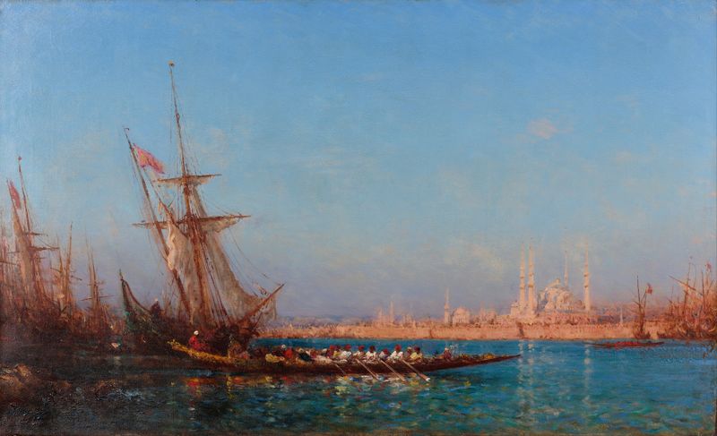 Pintura al óleo de Félix Ziem que representa el Bósforo y los minaretes al anochecer