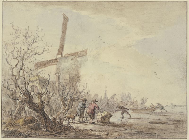 Riverbank with windmill, óleo sobre lienzo de Jacob van Strij