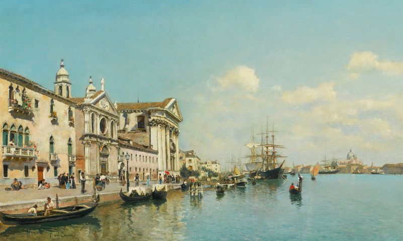 Marine scene with boats on water, oil painting by Federico del Campo