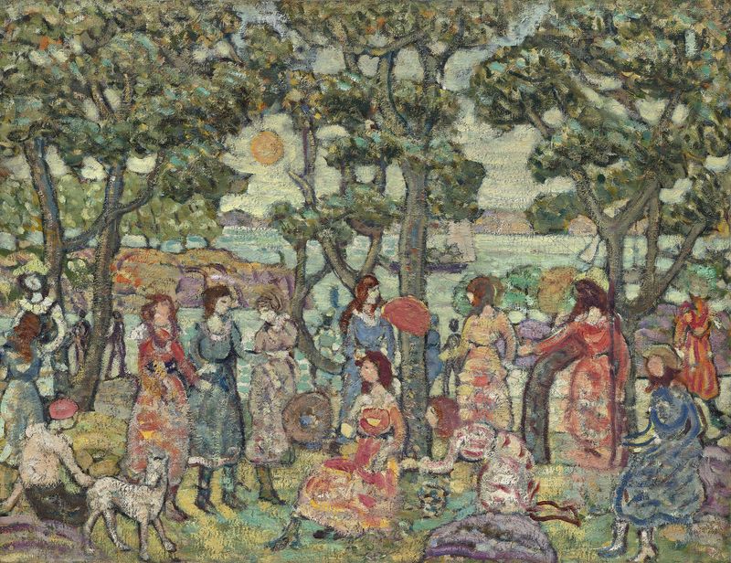 Landscape with Figures de Maurice Prendergast, acuarela sobre papel, que representa figuras en un paisaje iluminado por el...