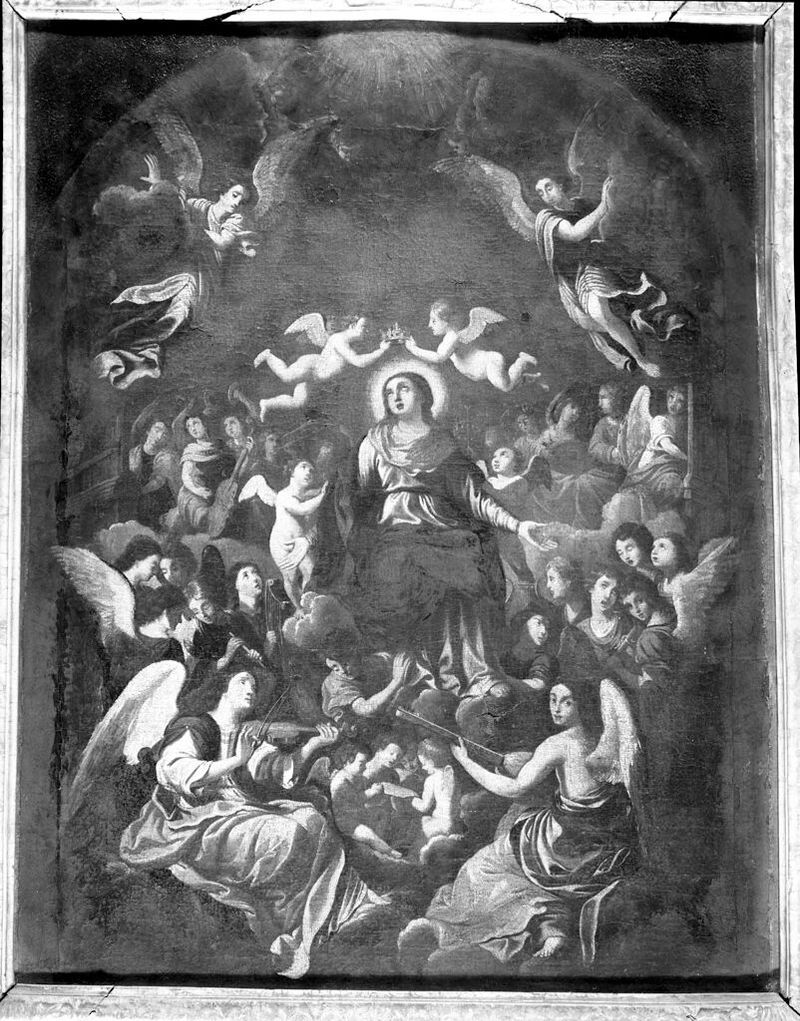 Coronación de la Virgen, óleo sobre lienzo de un artista desconocido, representando un salón celestial con figuras en luz ...