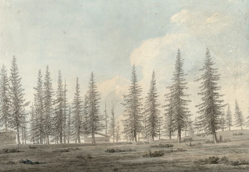 Watercolor by John Robert Cozens depicting a serene landscape with hills and mountains.