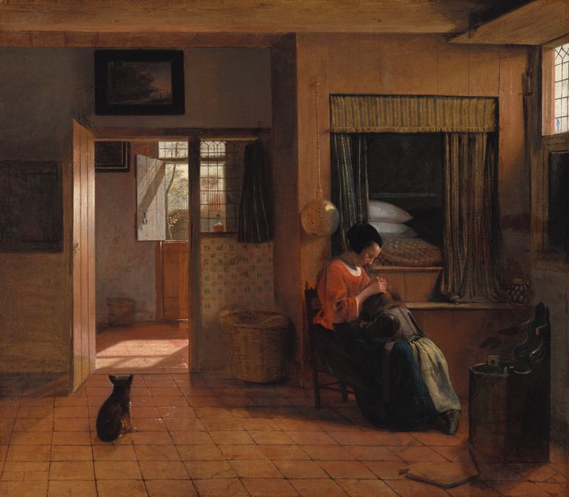 A mother inspects her child's hair in an oil on canvas by Pieter de Hooch