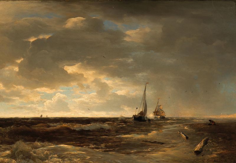 Fishing Boats on a Choppy Sea, oil painting by Andreas Achenbach depicting boats battling stormy waves.