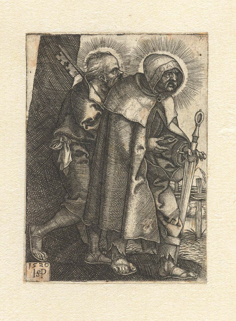Gravura de Hans Sebald Beham representando os Santos Pedro e Paulo com detalhes intrincados.