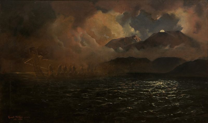 El Canoe Fantasma, óleo sobre lienzo de Kennett Watkins, que muestra un canoe en un lago tranquilo.