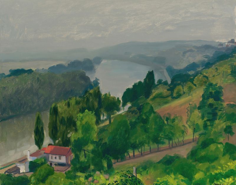 Méricourt, Temps Gris de Albert Marquet, pintura a óleo que retrata uma paisagem serena em tons de cinza com água.