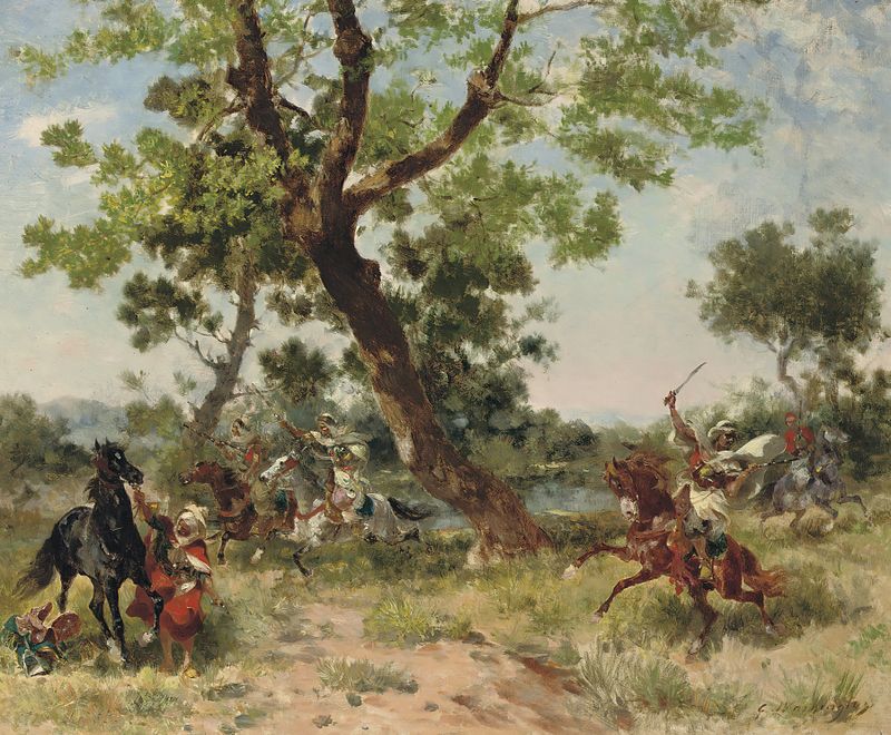 Historical scene of raiders in dynamic movement by Georges Washington, oil painting