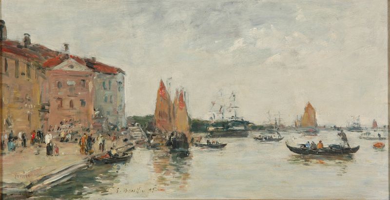 Pintura al óleo de Eugène Boudin que representa Venecia con la iglesia de San Biagio.