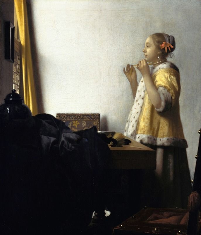 Portrait of a woman wearing a pearl necklace, oil on canvas by Johannes Vermeer