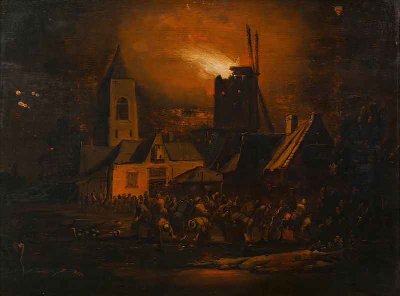 Escena nocturna de un molino en llamas, pintura al óleo de Albert Poel