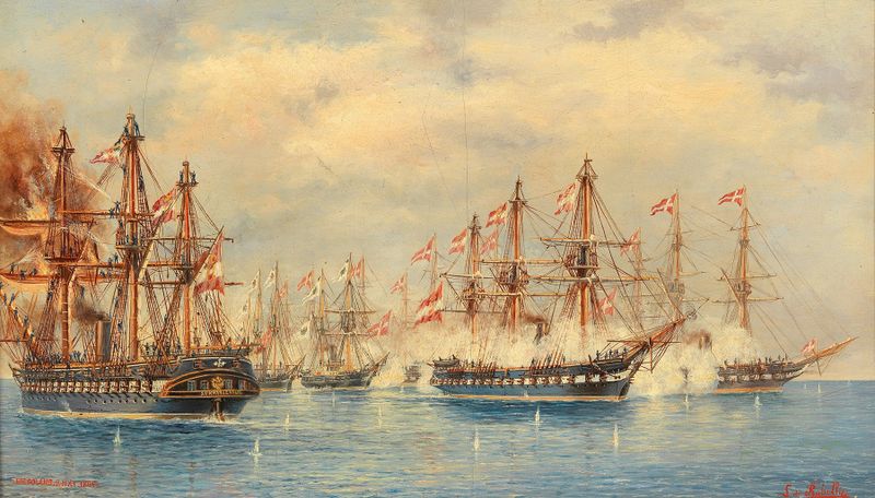 Battle of Helgoland by Ludwig Rubelli von Sturmfest, oil on canvas depicting ships in a stormy sea.