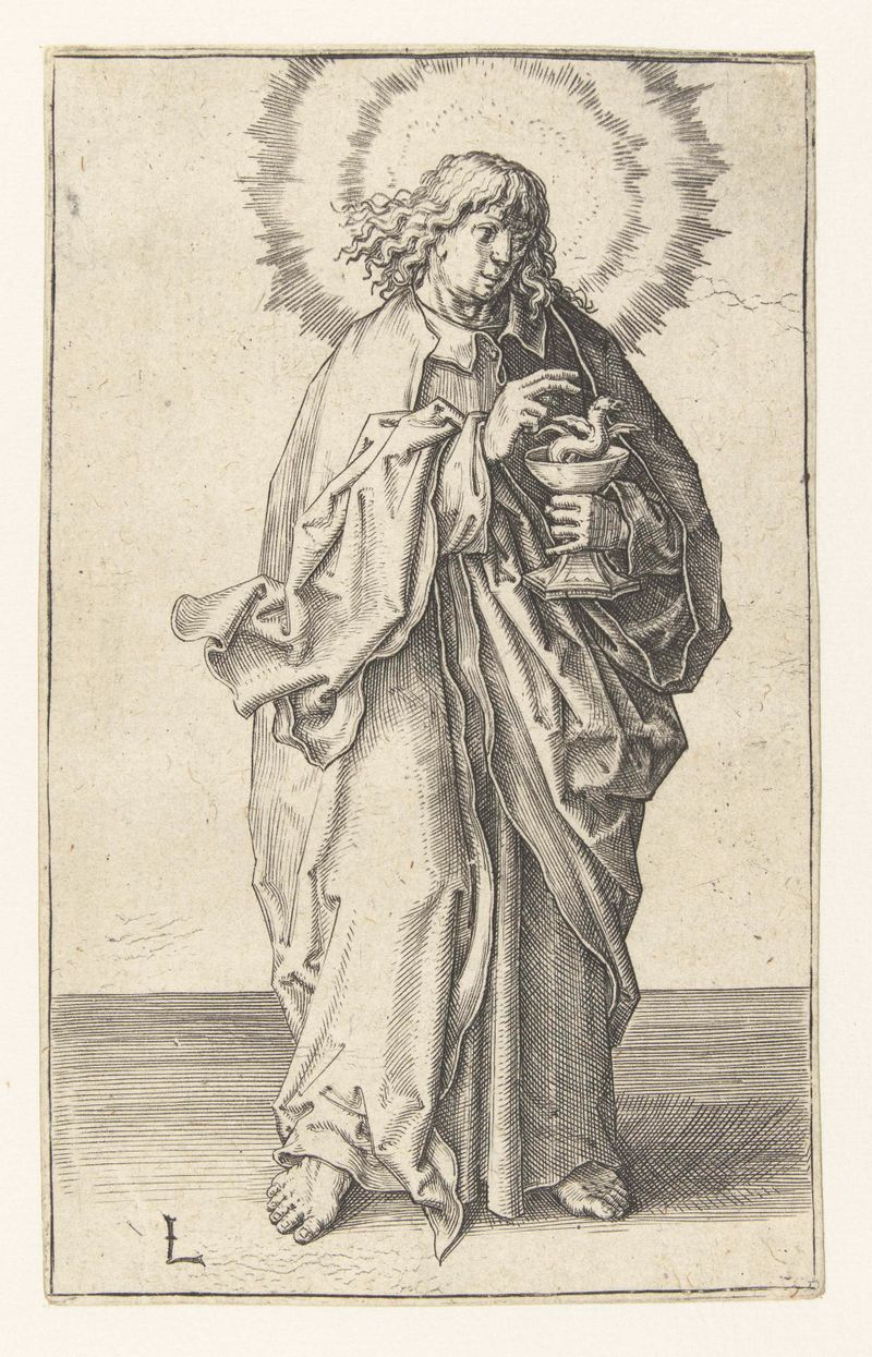 Grabado de Lucas van Leyden que representa a San Juan el Apóstol con una mirada penetrante.