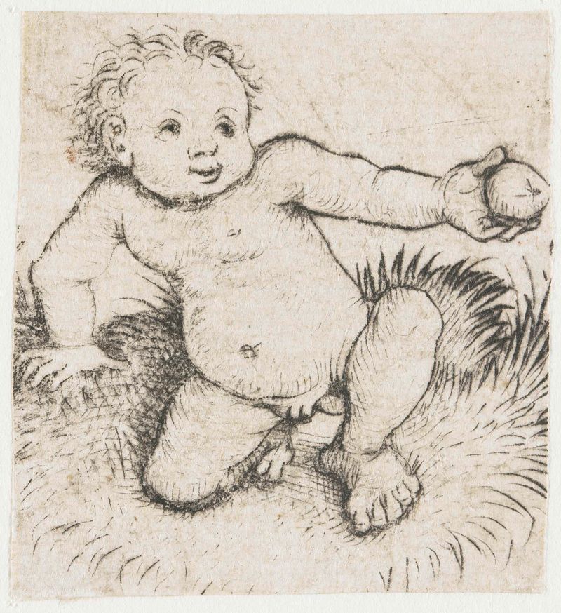 Un niño sentado en drypoint de Meester van het Amsterdamse Kabinet, perdido en sus pensamientos.