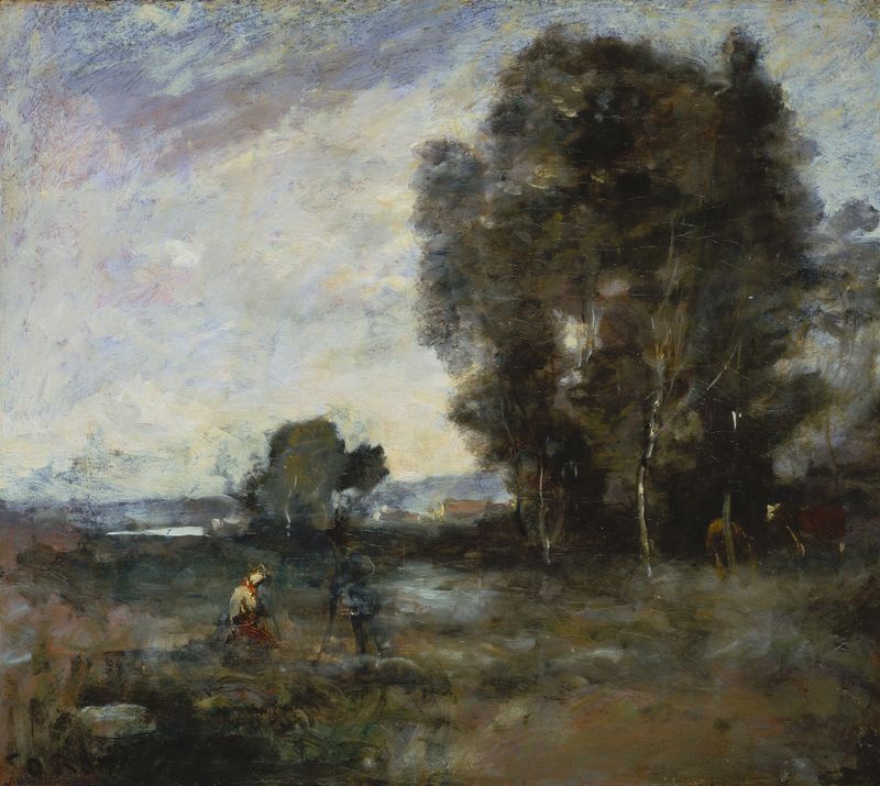 Summer Landscape by Jean-Baptiste-Camille Corot, oil painting depicting a serene river and golden light.