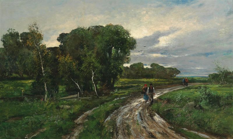 Landscape oil painting by Adolf Kaufmann featuring lush greenery after rain