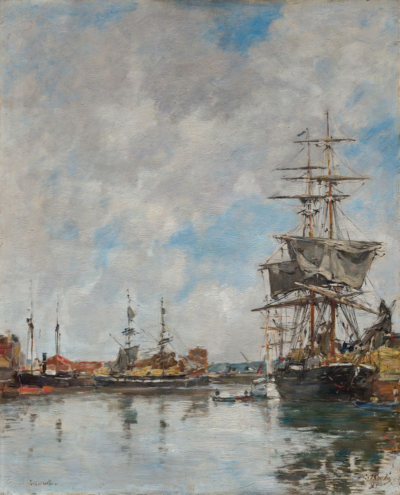 O Cais de Deauville de Eugène Boudin, óleo sobre tela, retratando um cais sob um céu vibrante.