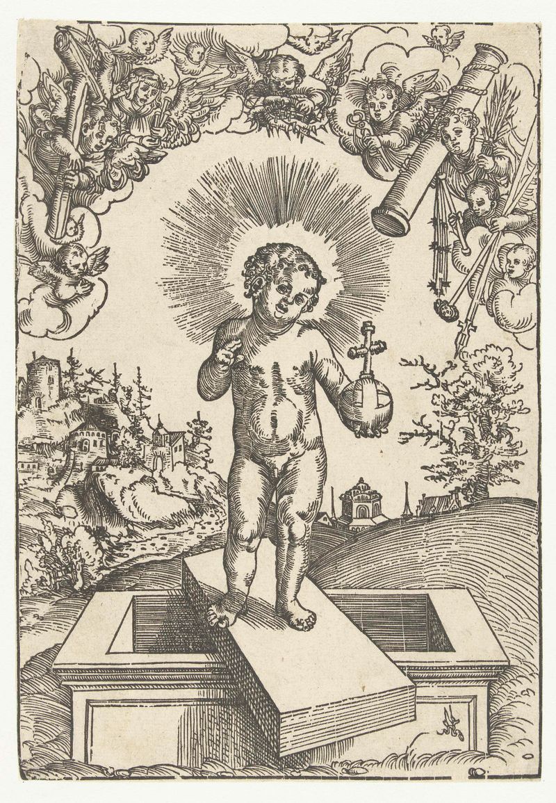 Escena religiosa con Cristo niño, rodeado de ángeles, papel de Lucas Cranach