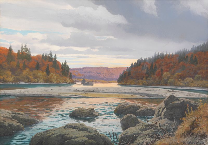 Impressionist landscape by Rudolf Reschreiter depicting a river in autumn.