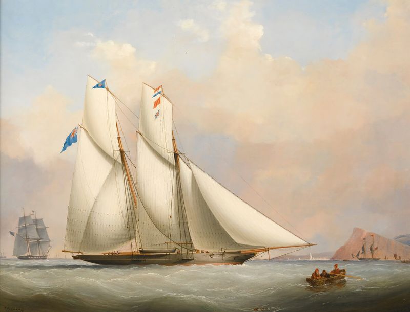 A Yacht And A Norwegian Coaster In A Storm de Nicholas Matthew Condy, óleo que representa un mar tormentoso.