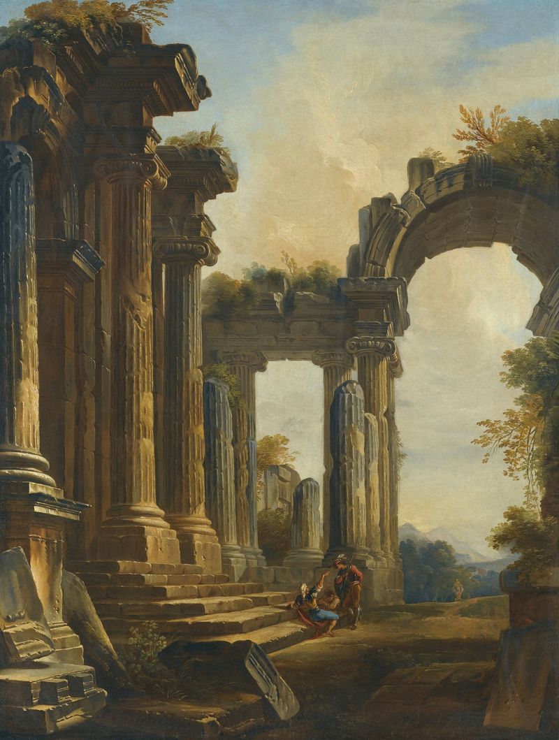 A Capriccio Of Classical Ruins With Three Men Conversing At The Steps Of A Temple by Giovanni Niccolò Servandoni, unknown medium