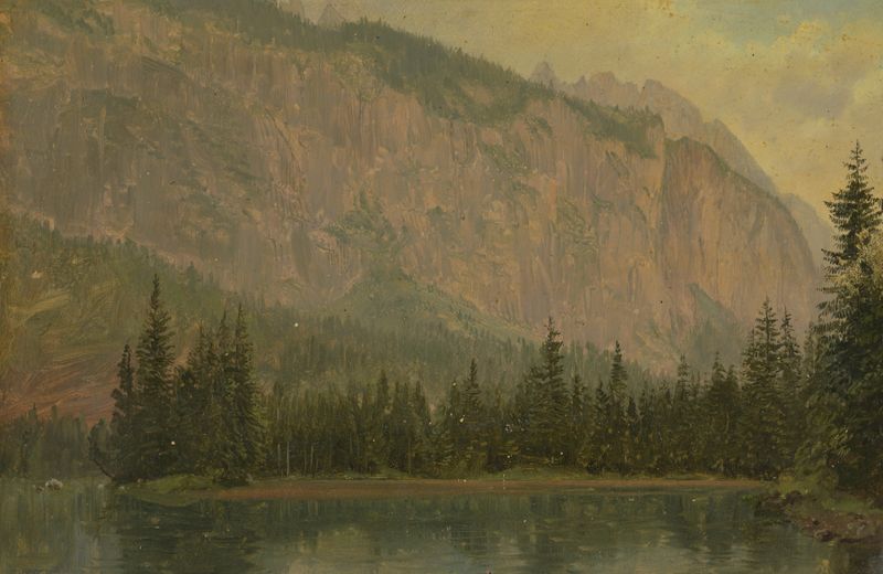 The Hintersee, near Berchtesgaden, Bavaria by Frederic Edwin Church, oil on canvas depicting a lake and mountains.
